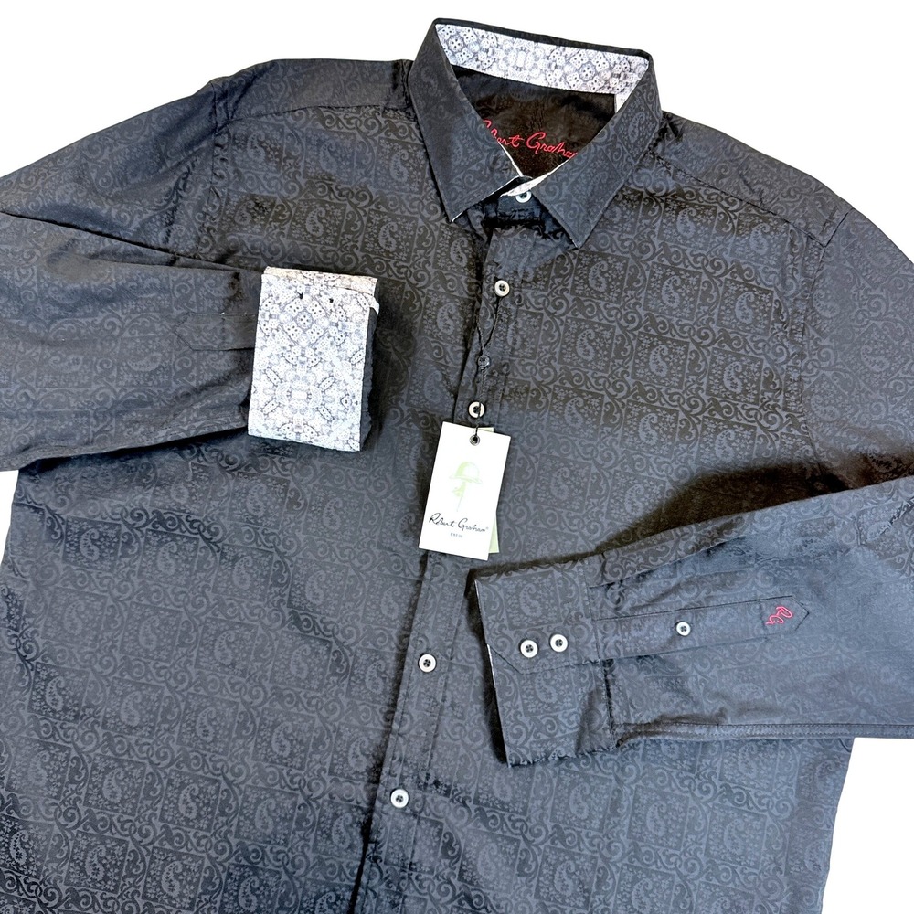 Robert Graham Button Down Shirt Mens XL Black Windsor Paisley Jacquard $178